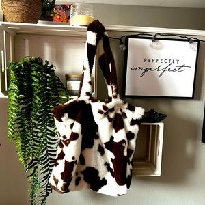 Cow Print Fluffy Shoulder Tote Bag